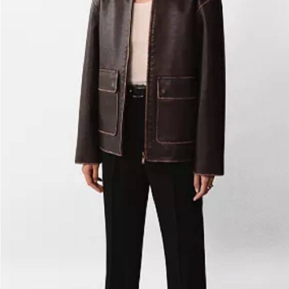 Mango Dark Brown Leather Jacket with Contrast Stitching - Picture 2 of 11